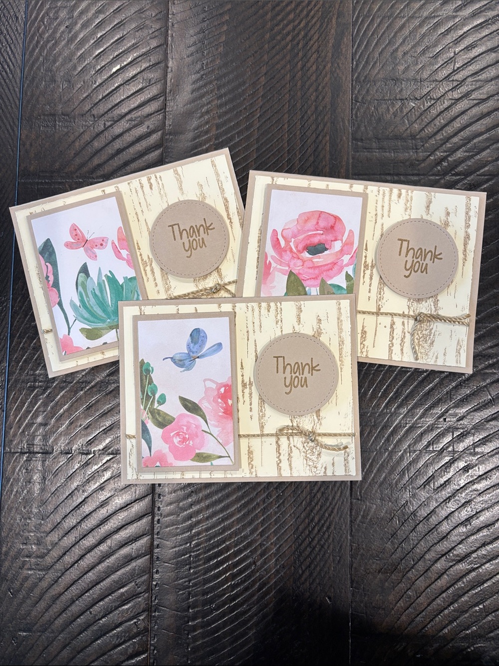 Handcrafted Thank You Card Set of 3 with Pink Floral Accents